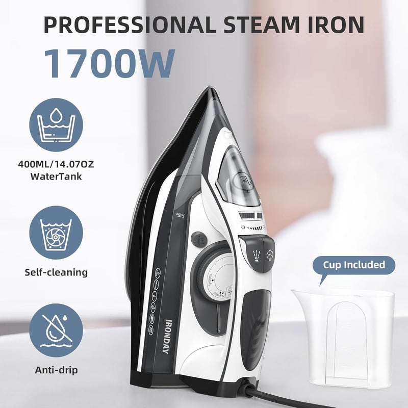 IRONDAY 1700W Steam Iron for Clothes 20s Fast Heat-up, Non-Stick Ceramic Soleplate, 14.07oz Large Water Tank, Auto-Off, Burst Steam, Self-Cleaning, roning Clothes for Home - Image 3